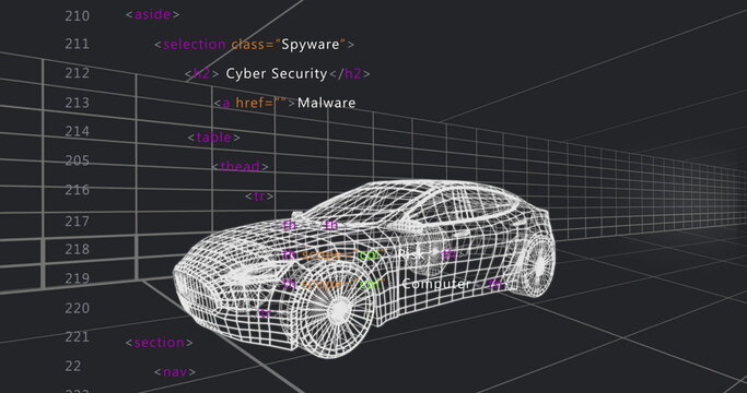 Displaying white wireframe car model on 3D grid in studio, showing HTML code and Computer label