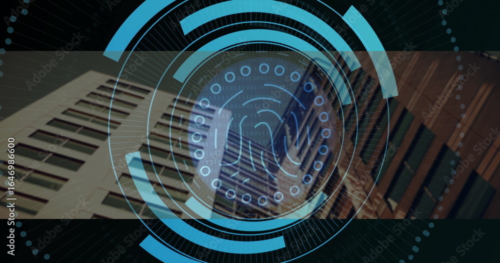 Poster projecting fingerprint interface displaying concentric rings and binary code amid highrise facades