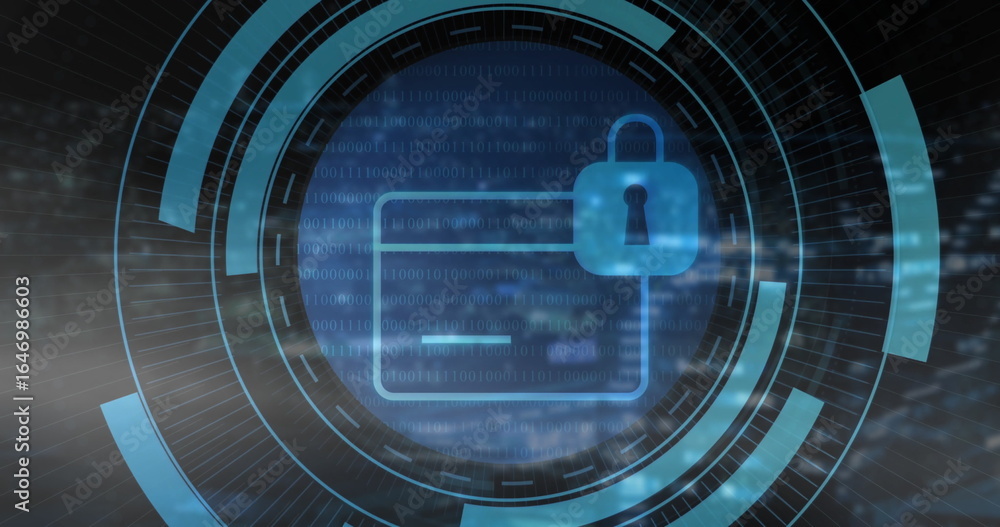 Poster rotating locked credit card icon in digital tunnel, with padlock symbol and binary code