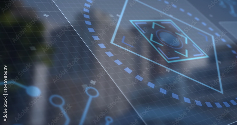Aufkleber displaying glowing 3d holographic hexagon interface on dashboard with dotted arc and circuit nodes