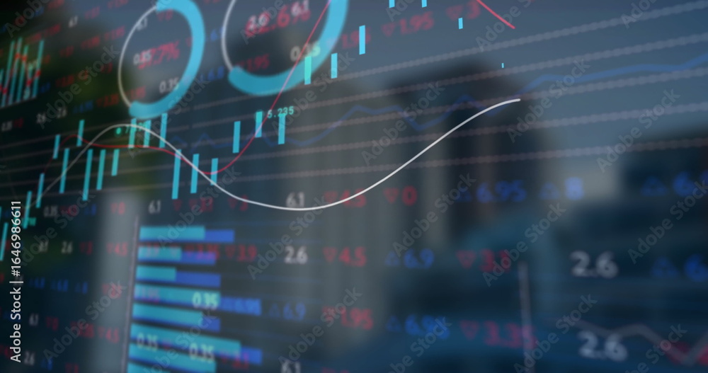 Poster displaying transparent screen at office showing candlestick charts bar graphs and progress indicat