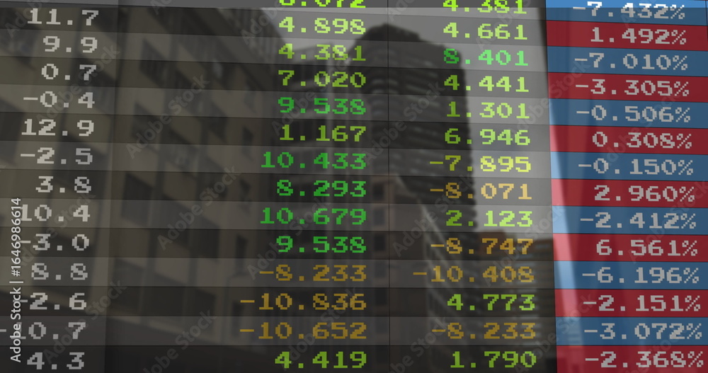 Poster displaying data panel floating over financial district towers, showing colored bars and tickers
