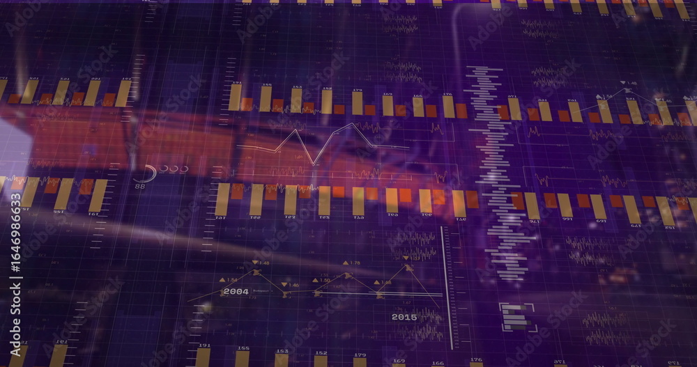 Poster showing data visualization panel at dashboard, with yellow bar charts and white line graphs