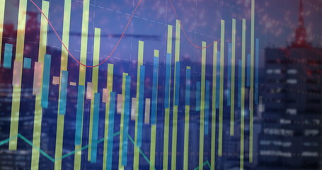 Displaying data overlay on nighttime city skyline, with green bars red cyan lines and axis markers