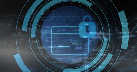 Rotating locked credit card icon in digital tunnel, with padlock symbol and binary code