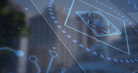 Displaying glowing 3D holographic hexagon interface on dashboard with dotted arc and circuit nodes
