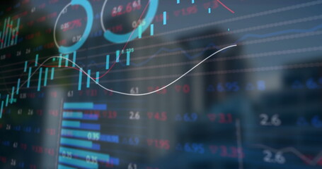 Displaying transparent screen at office showing candlestick charts bar graphs and progress indicat