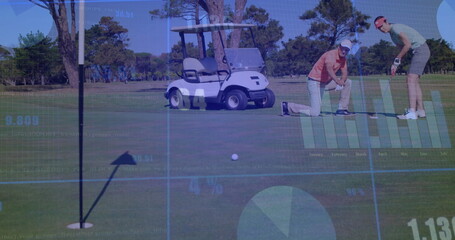 Aligning adult golfers lining up putt on golf green, with golf ball, digital overlay, copy space