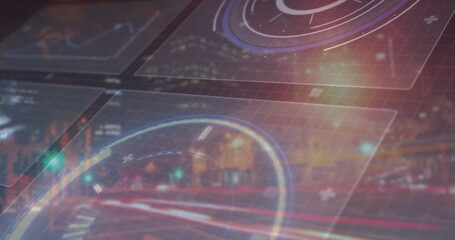 Hovering holographic interface above nighttime roadway, with HUD panels, gauge and light trails