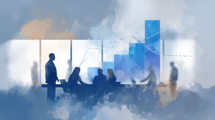 Business meeting with digital graph overlay showing growth and teamwork in modern office environment