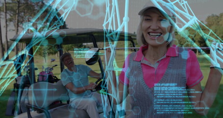 Smiling golfer standing on fairway with cart, bag, clubs, cap, digital overlay, copy space