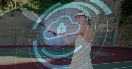 Swinging woman tennis player hitting forehand with racket on court, cloud lock overlay, copy space