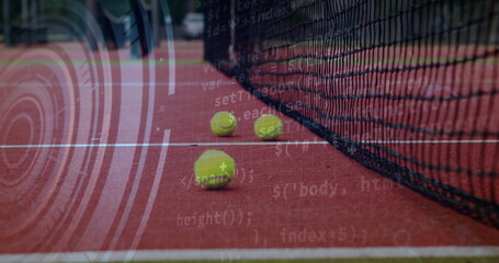 Displaying three tennis balls near net on red hardcourt with programming code and HUD overlays
