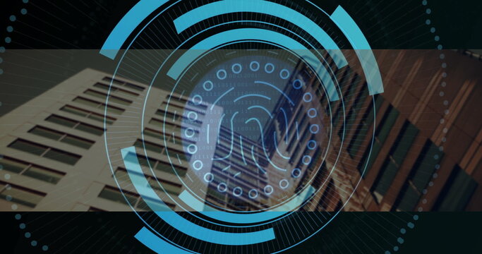 Projecting fingerprint interface displaying concentric rings and binary code amid highrise facades