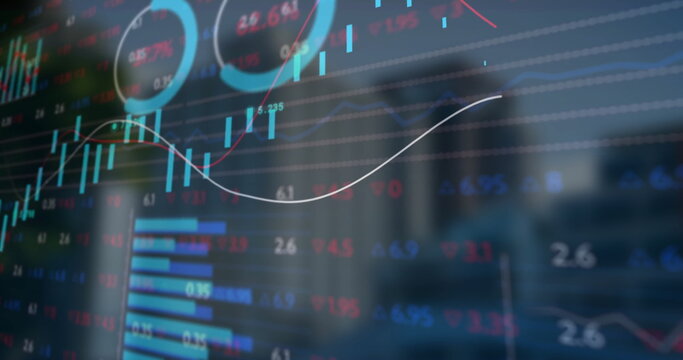 Displaying transparent screen at office showing candlestick charts bar graphs and progress indicat