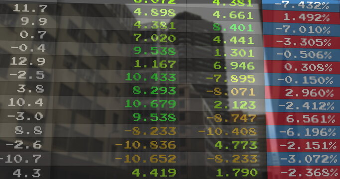 Displaying data panel floating over financial district towers, showing colored bars and tickers