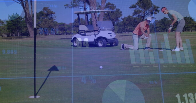 Aligning adult golfers lining up putt on golf green, with golf ball, digital overlay, copy space