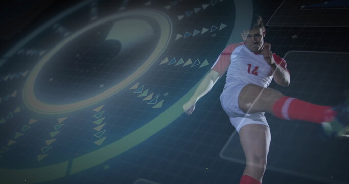 Kicking high soccer player wearing jersey number 14, cleats on grid showing HUD, copy space - Powered by Adobe