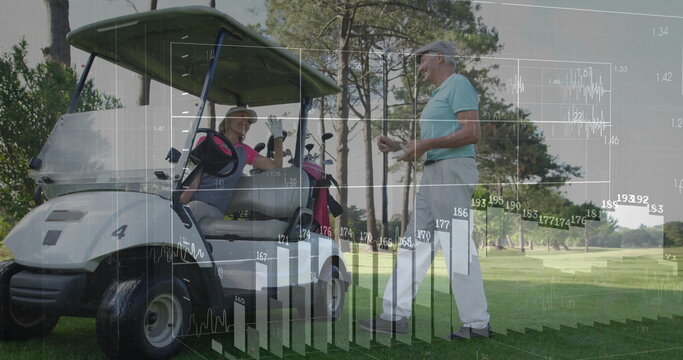 Senior man passing golf ball to woman in golf cart on fairway with bar chart overlays