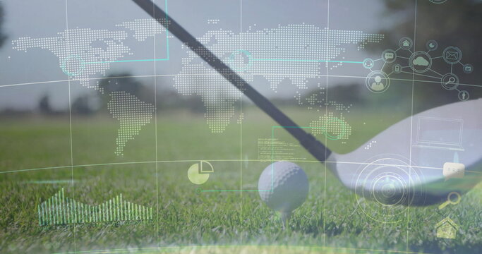 Displaying golf club head aligning behind golf ball on tee at golf course, with data overlay