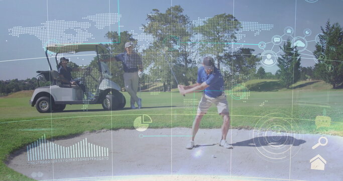Swinging golfer in blue polo and cap over sand bunker at golf course, with HUD overlay