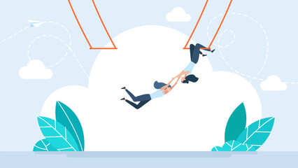 Fototapeta premium Two female trapeze artist performing in acrobatic circus aerial stunt. Trust, reliability, confidence, belief, entrust, commitment, faith. Businesswoman performs a difficult task. Vector illustration.