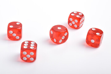 Red dice isolated on white background. Game cubes