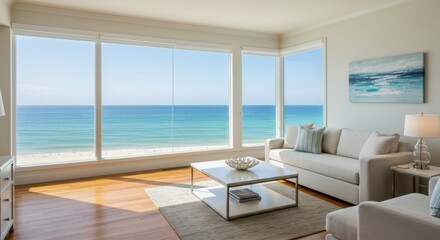 Fototapeta premium Bright Living Room with Panoramic Ocean View