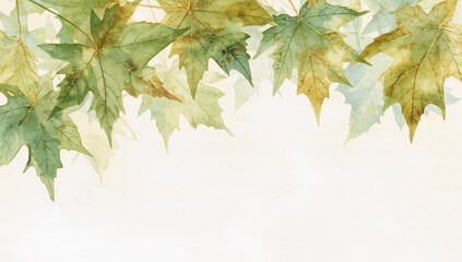 Watercolor Green Maple Leaves on White Background