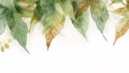 Watercolor Green Maple Leaves on White Background