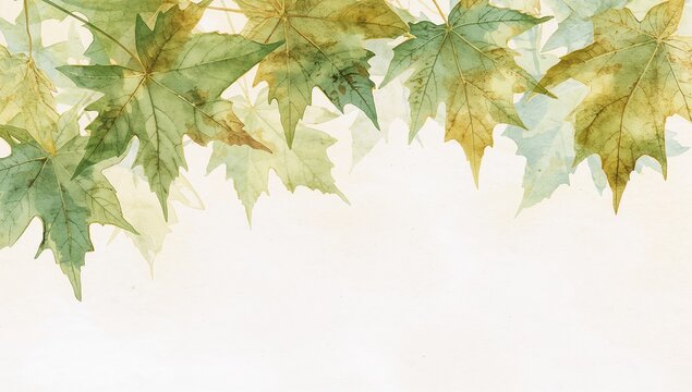 Watercolor Green Maple Leaves on White Background