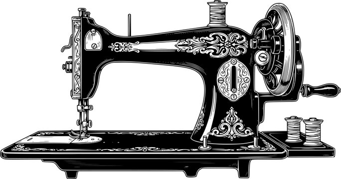 silhouettes of vintage sewing machines, black on white background
