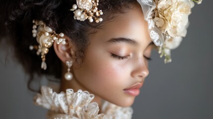 A portrait of a young girl, inspired by the Renaissance, in a formal dress. Her dark curls are gently illuminated by soft natural light.