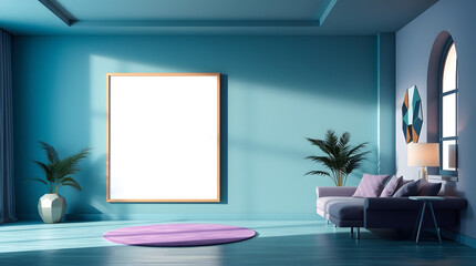 Serene Teal Living Room Mockup: Blank Canvas, Modern Sofa, Plants, and Artistic Wall Decor.