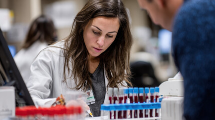 Female scientist working with blood samples in laboratory focused on research and analysis