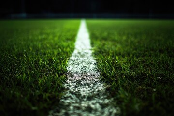Close-up of a white line on a green soccer field at night