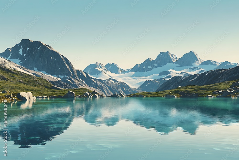 Poster tranquil high-altitude lake with shallow clear edges and distant snowy summits