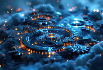 Intricate Metallic Gears with Blue Light and Glowing Embers