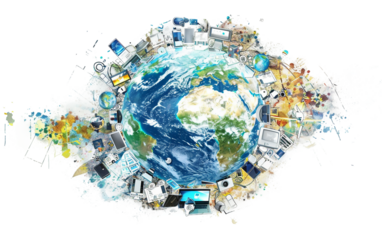 Global Communication Represented with Devices Circling the Planet Isolated on Transparent Background