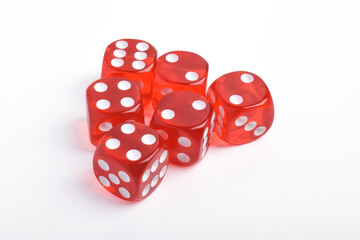 Many red dices isolated on white background