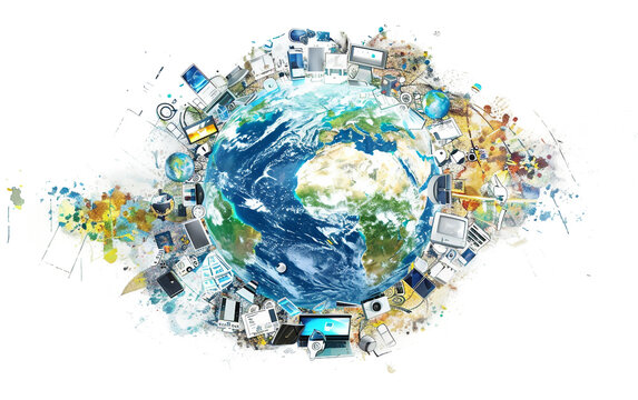 Global Communication Represented with Devices Circling the Planet Isolated on Transparent Background