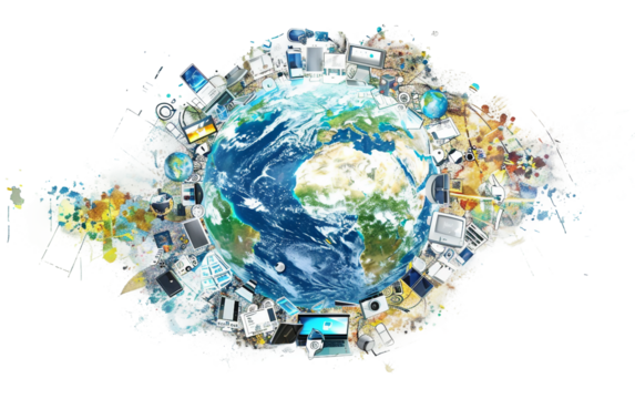 Global Communication Represented with Devices Circling the Planet Isolated on Transparent Background