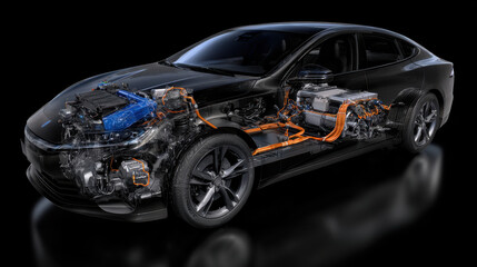 Electric car with transparent body showing internal battery and wiring system in sleek black design