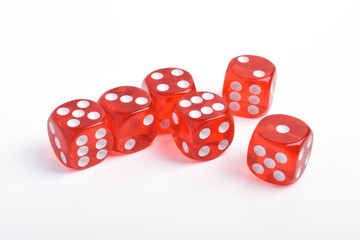 Many red dices isolated on white background
