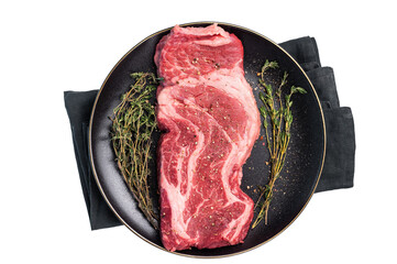 Chuck eye roll steak, raw marbled beef meat  with herb for cooking isolated on white background