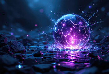 Glowing Purple Energy Ball with Cracks on Dark Rock Landscape