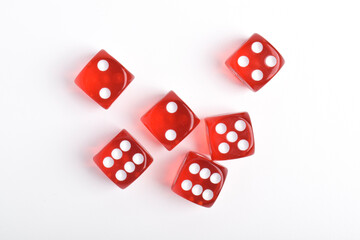 Red dices isolated on white background, top view