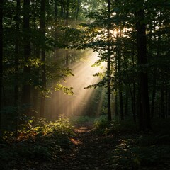 Obraz premium Sunbeams in a Forest: Golden Hour Light Rays Through Lush Green Trees