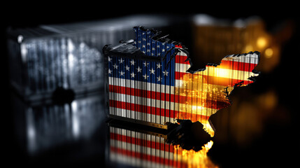 American flag on shipping container shaped like USA map with reflection and dark background