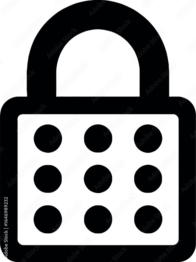 Poster a black and white illustration of a padlock with nine circles arranged in a square pattern on its fa